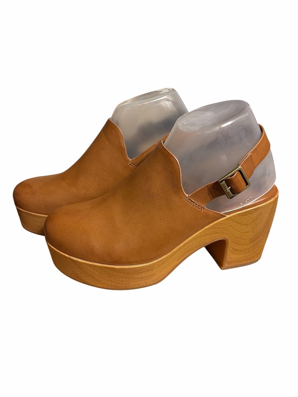 Kork-Ease Cognac Brown Platform Clog Mules with Buckle